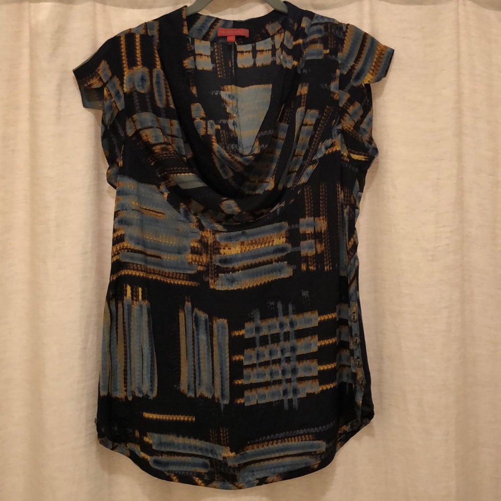 Cowl neck black, blue and gold shirt (Sz XS)